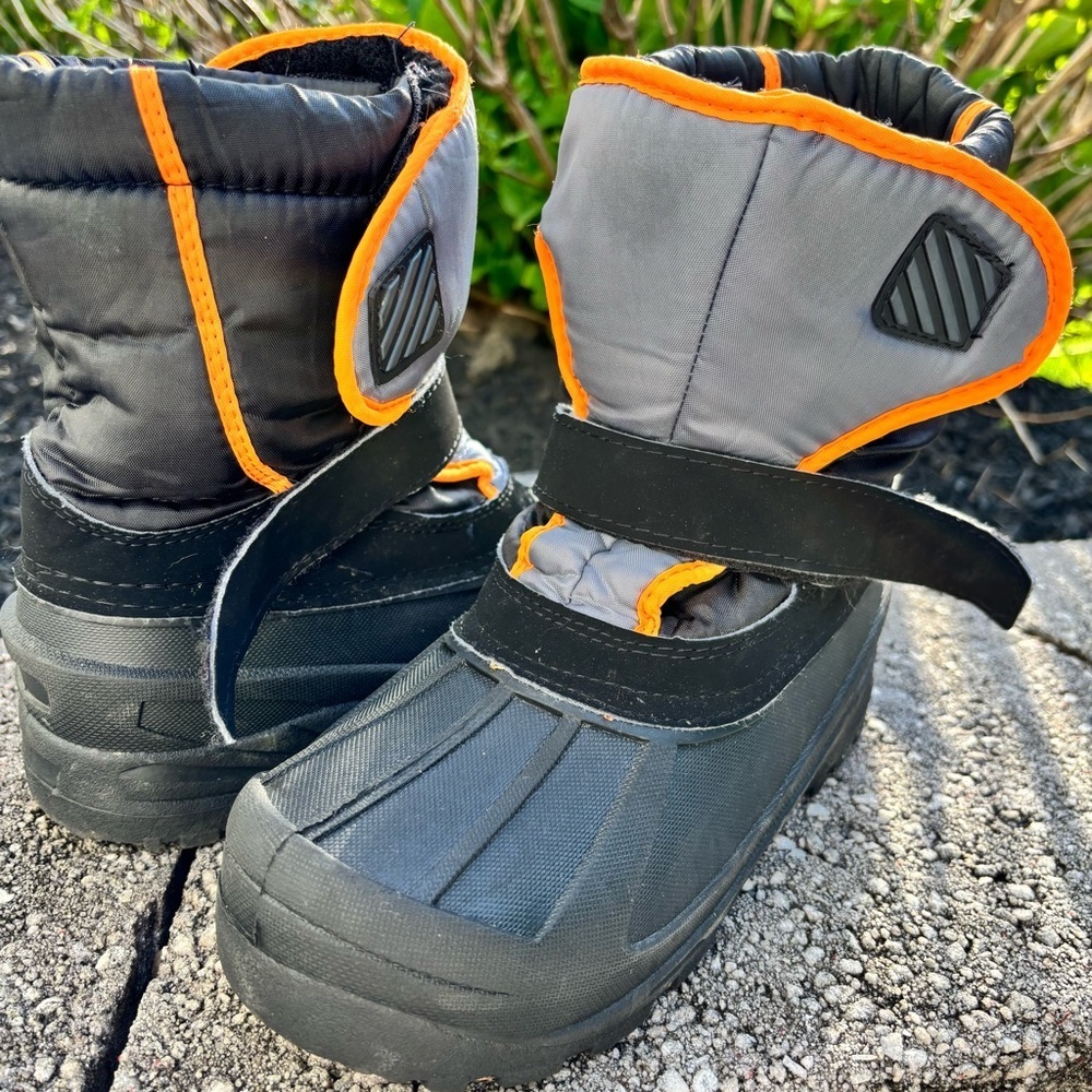 Kids Black and Gray Winter Snow Boots with Orange Trim